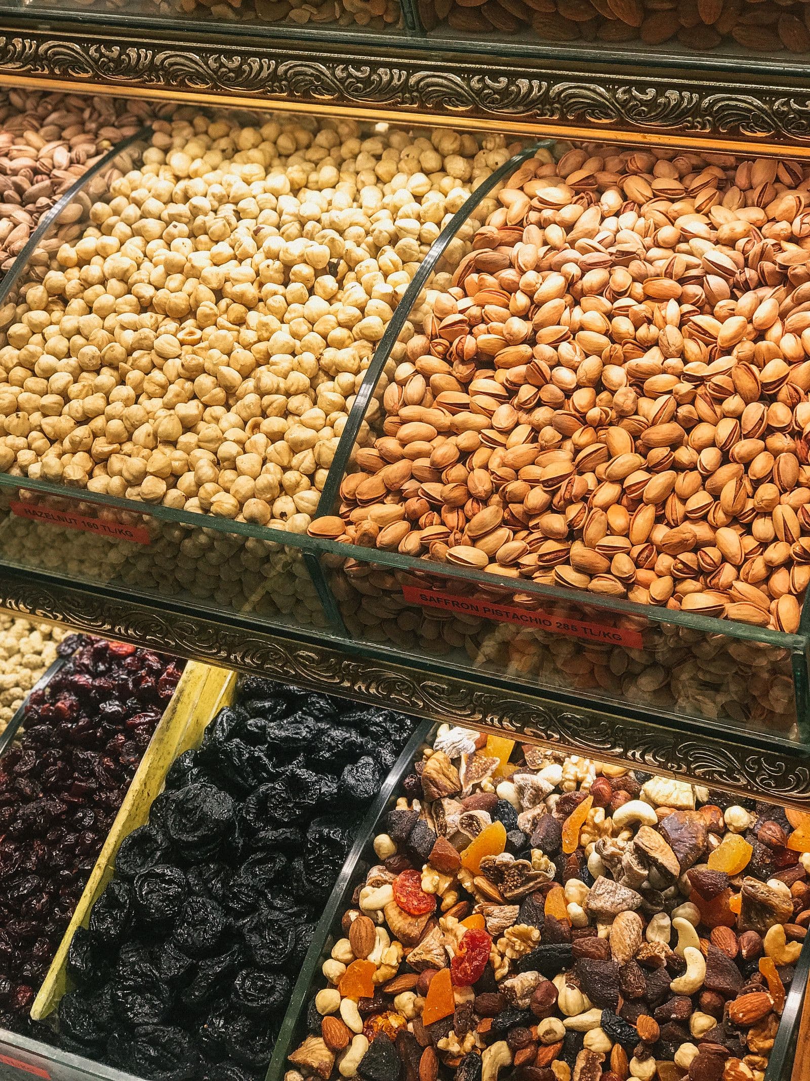 Colourful dry fruits at a market display